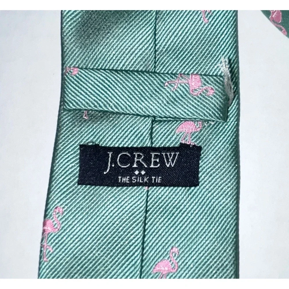 J.Crew Mens Silk Tie Green Pink Flamingo Animal Print Skinny Necktie Accessory